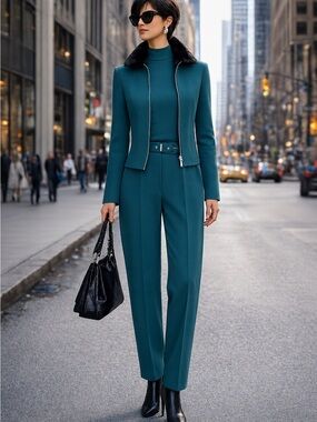 Sophisticate deep emerald jumpsuit and matching jacket, Canadian made, Sz 10